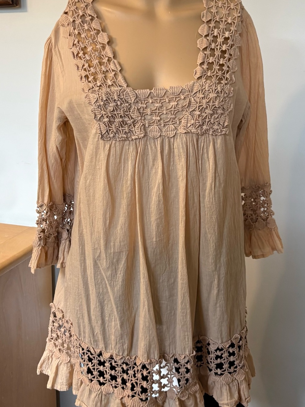 Women's Crochet-Trim Peasant Tunic - Beige Large